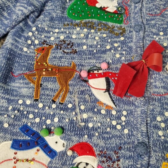 Grandma Sweater Christmas Santa Penguin Reindeer Beaded Embroidere Kikit Blue XL - Picture 4 of 8